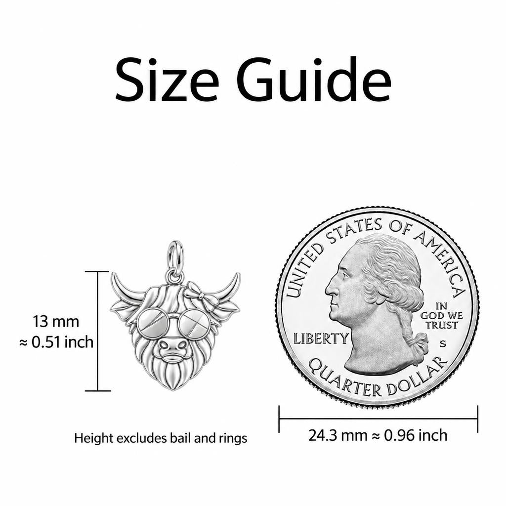Sassy Highland Cow Charm Bracelet – Personalized Mom Gift – size guide, 13 mm charm next to a quarter