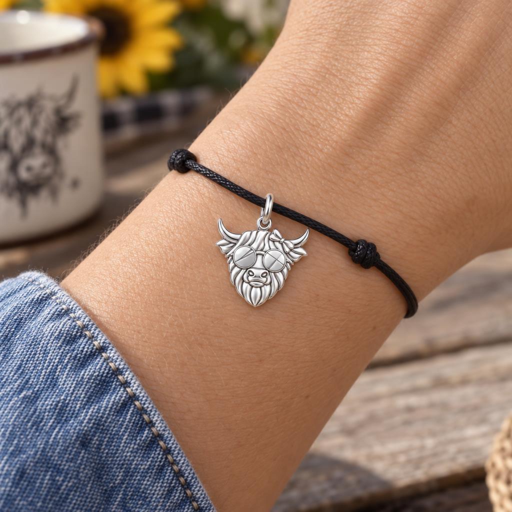 Sassy Highland Cow Charm Bracelet – Personalized Mom Gift – worn on the wrist on a black cord bracelet