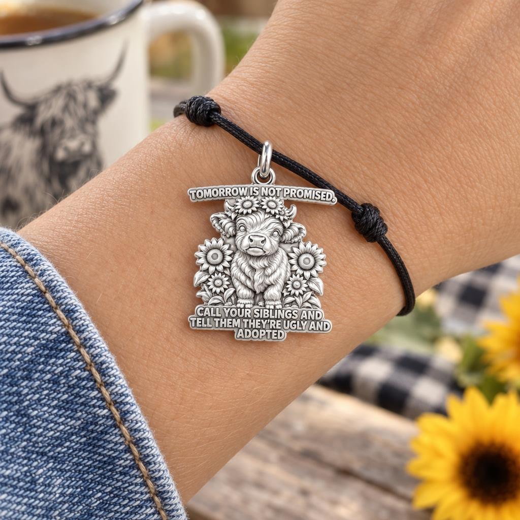 Sassy Highland Cow Charm Bracelet – Personalized Sibling Gift – worn on the wrist on a black cord bracelet
