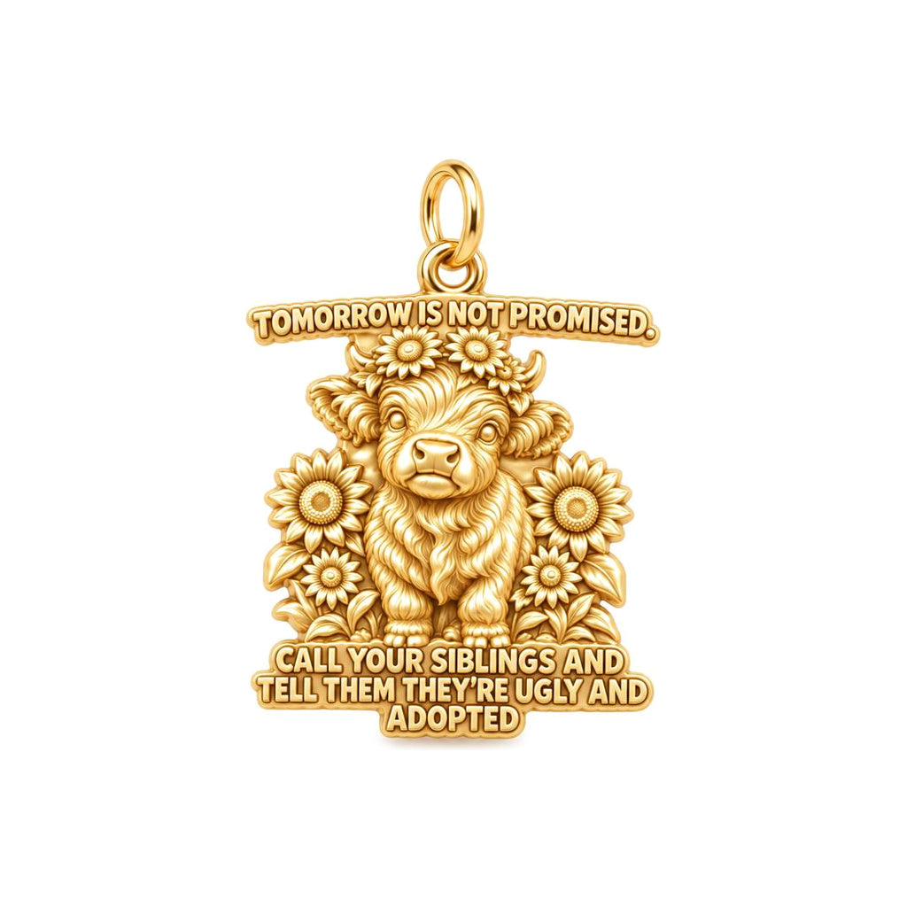 Sassy Highland Cow Charm Bracelet – Personalized Sibling Gift – 18K gold plated 3 cm charm, front view