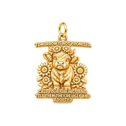 Sassy Highland Cow Charm Bracelet – Personalized Sibling Gift – 18K gold plated 3 cm charm, front view