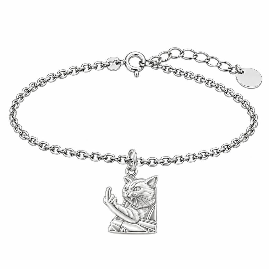 Sassy Hissing Cat Charm Bracelet Set – silver, front view