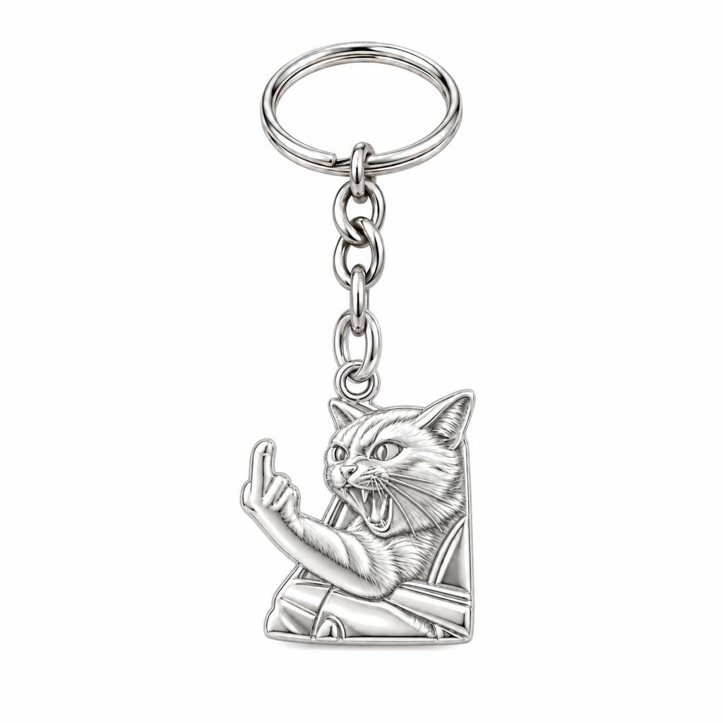 Sassy Hissing Cat Charm Keychain – silver, front view