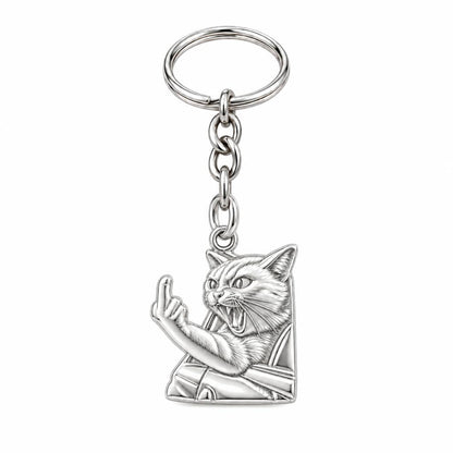 Sassy Hissing Cat Charm Keychain – silver, front view