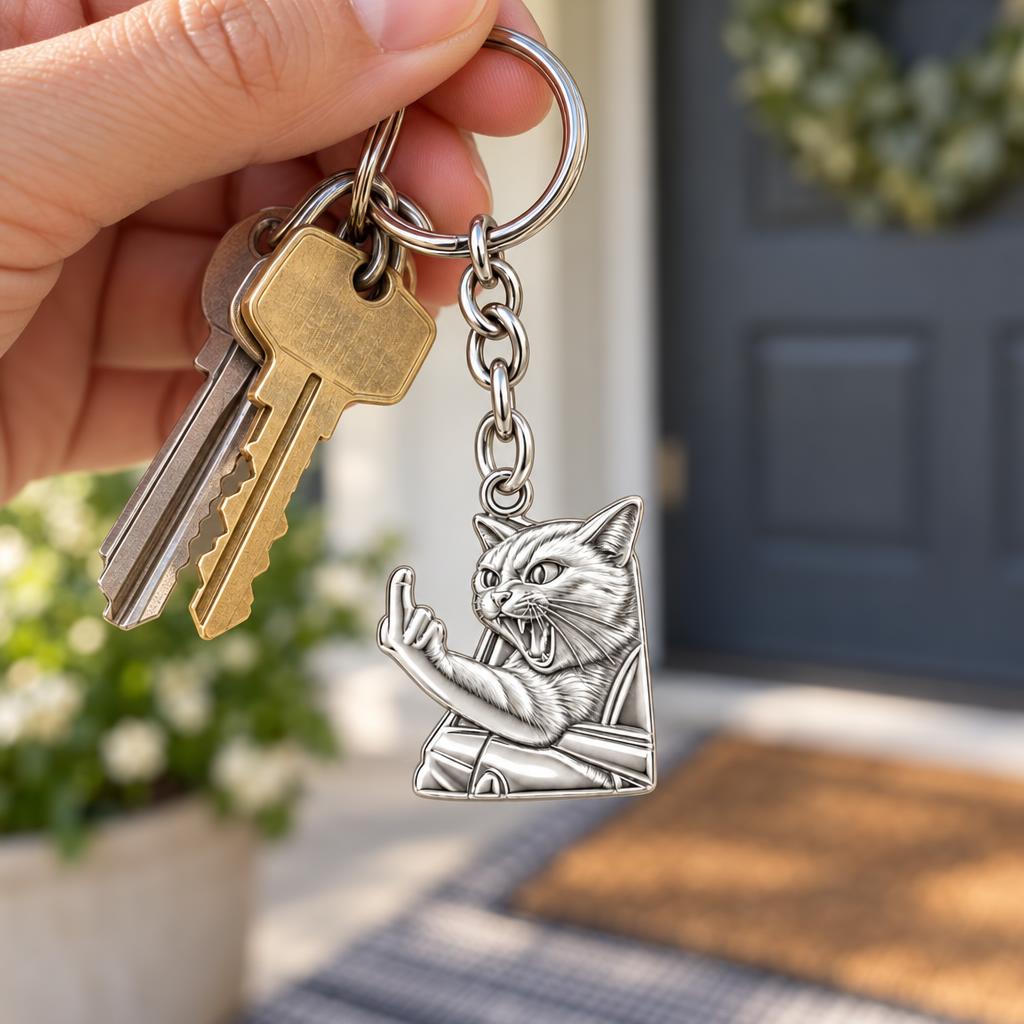 Sassy Hissing Cat Charm Keychain – worn / in use
