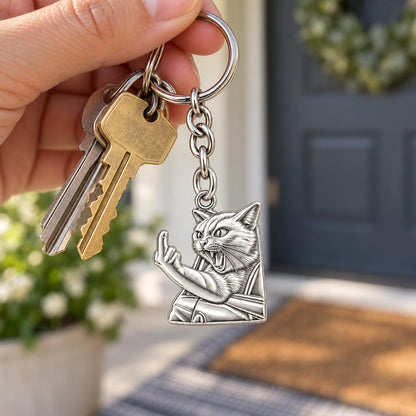 Sassy Hissing Cat Charm Keychain – worn / in use