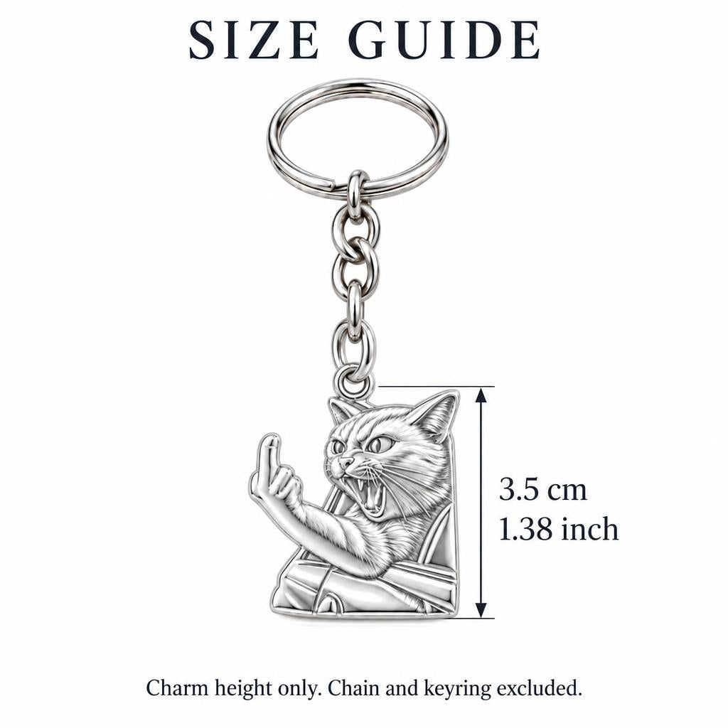 Sassy Hissing Cat Charm Keychain – size guide, 3.5 cm (1.38 in) charm, chain and keyring excluded