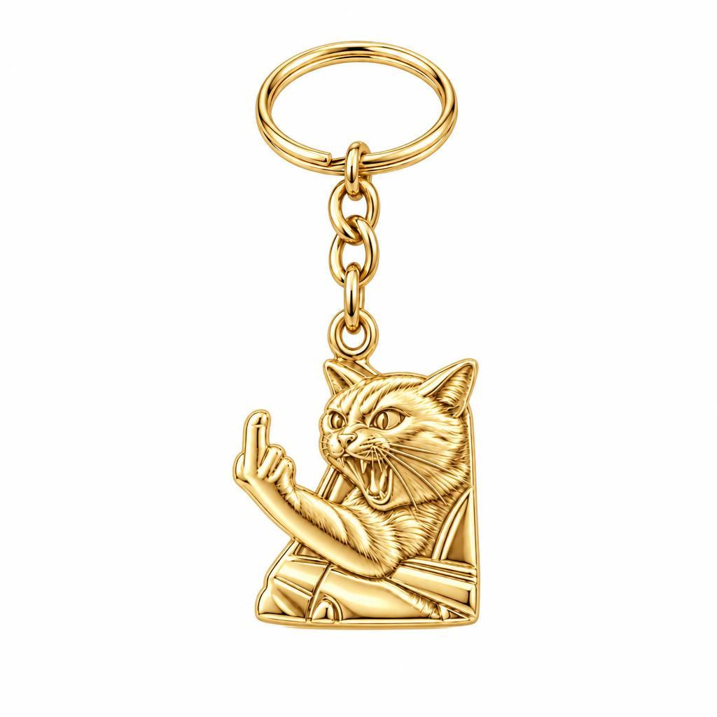 Sassy Hissing Cat Charm Keychain – 18K gold, front view