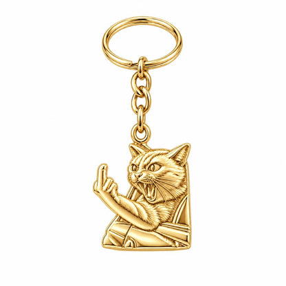 Sassy Hissing Cat Charm Keychain – 18K gold, front view