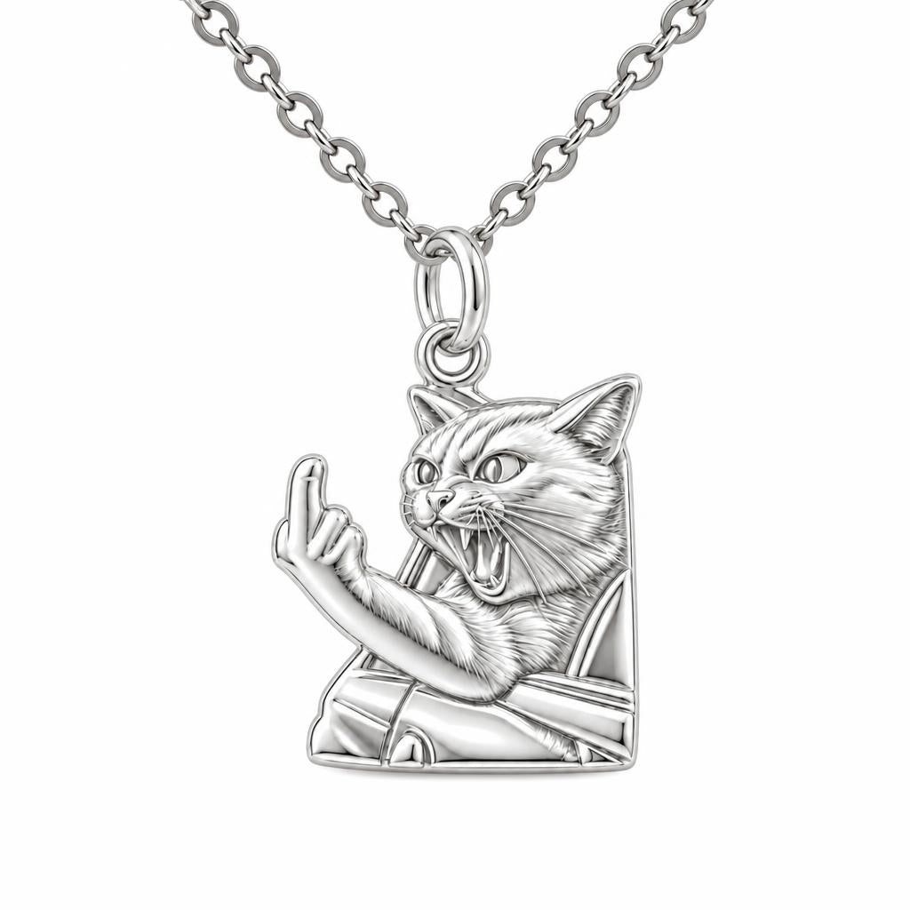 Sassy Hissing Cat Charm Necklace Set – silver, front view