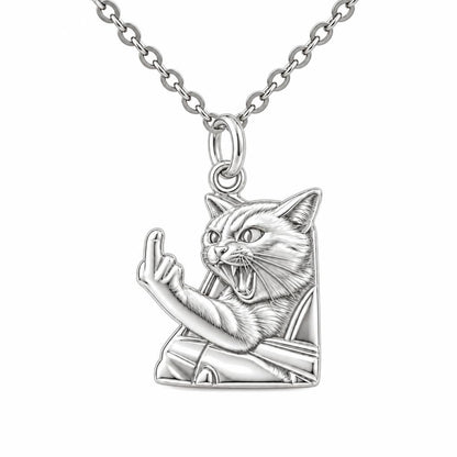 Sassy Hissing Cat Charm Necklace Set – silver, front view