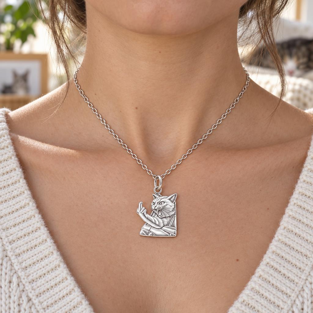Sassy Hissing Cat Charm Necklace Set – worn / in use