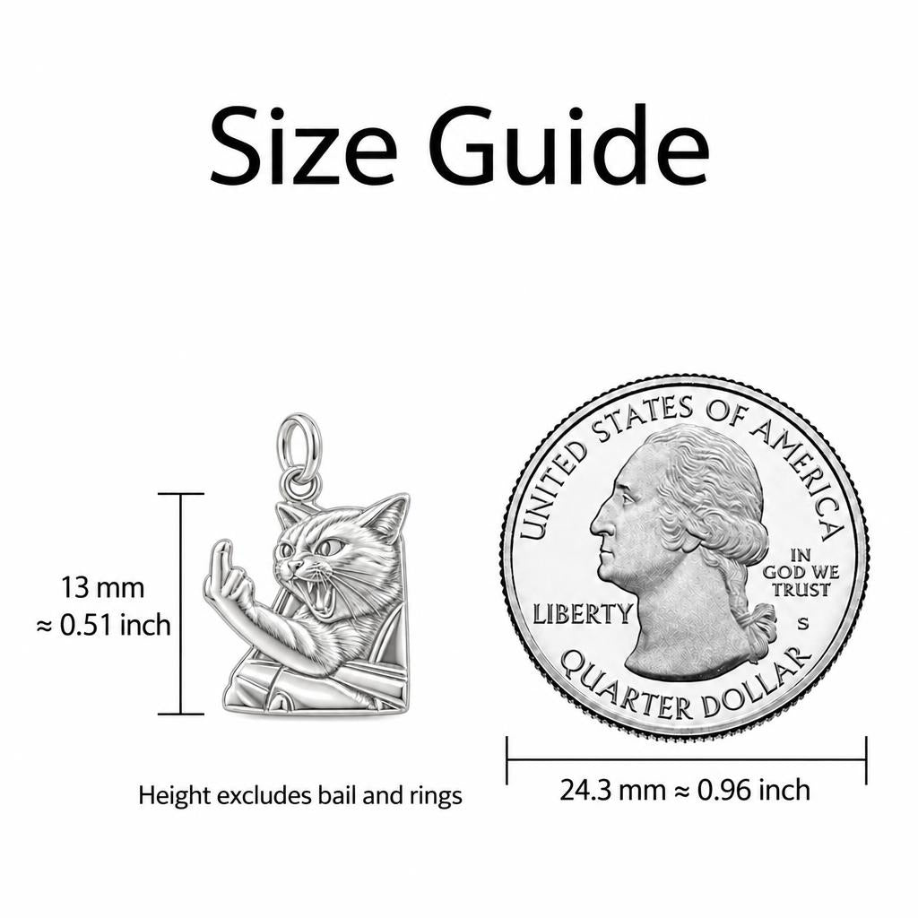 Sassy Hissing Cat Charm Necklace Set – size guide, 13 mm charm next to a quarter