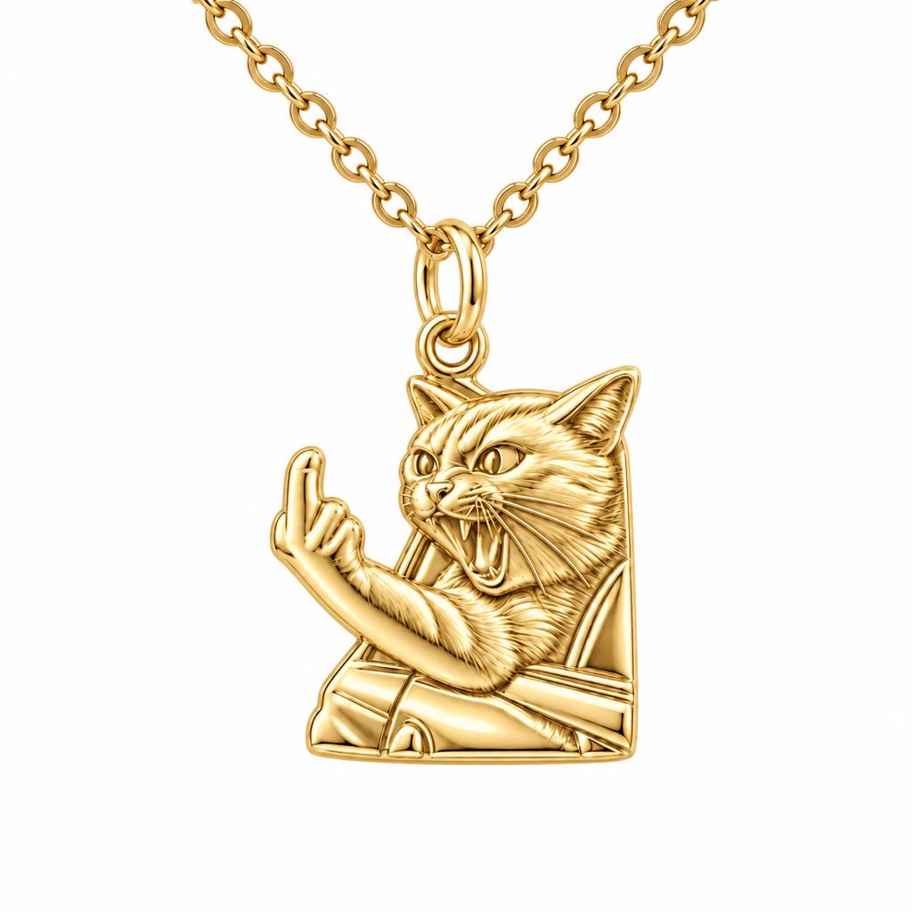 Sassy Hissing Cat Charm Necklace Set – 18K gold, front view