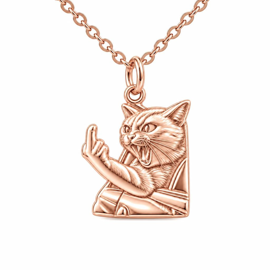Sassy Hissing Cat Charm Necklace Set – rose gold, front view