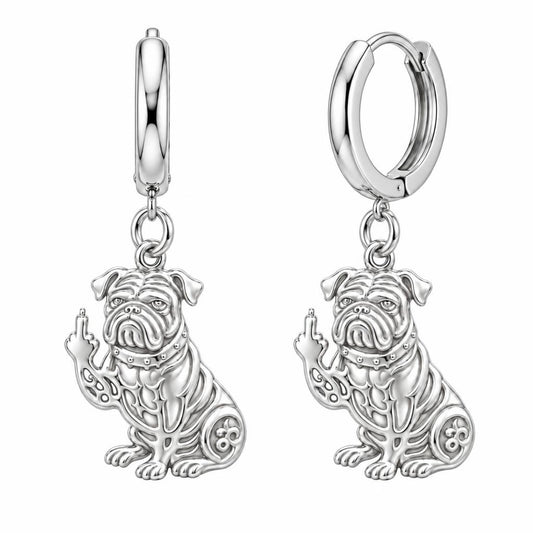 Sassy Pug Attitude Huggie Charm Earrings – silver, front view