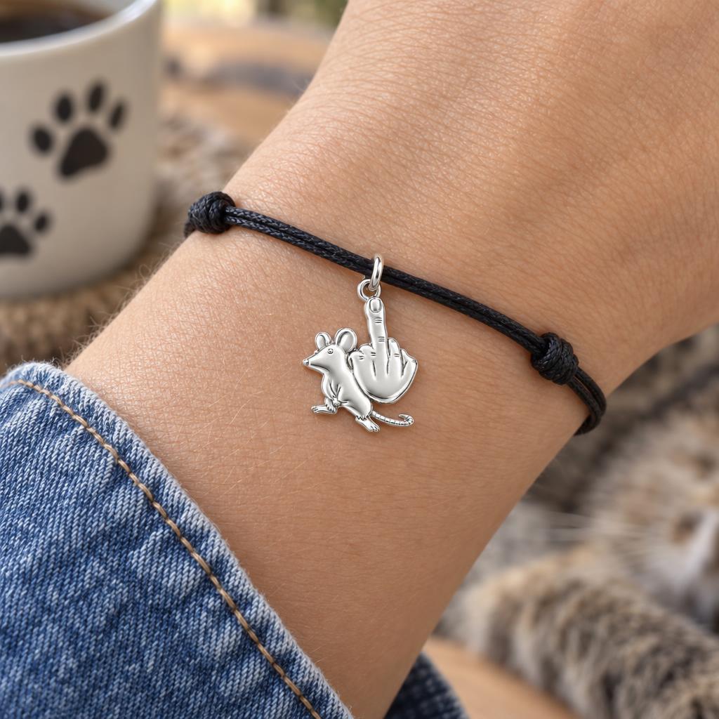 Sassy Rebellious Mouse Charm Bracelet – Personalized Bestie Gift – worn on the wrist on a black cord bracelet