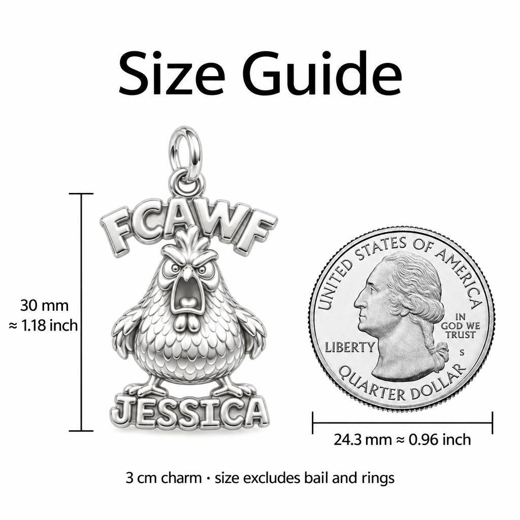 Sassy Screaming Hen Charm Bracelet – Personalized Mom Gift – size guide, 3 cm charm next to a quarter