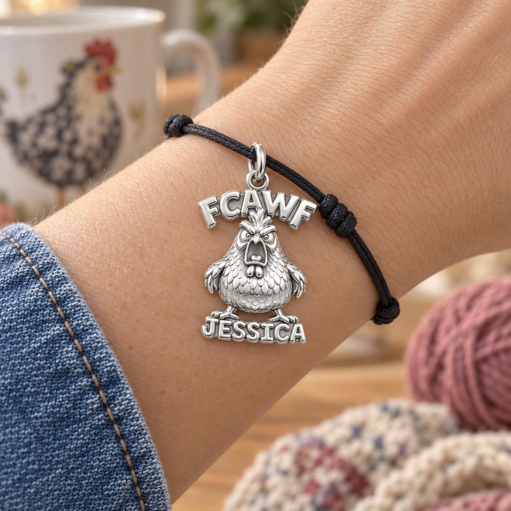 Sassy Screaming Hen Charm Bracelet – Personalized Mom Gift – worn on the wrist on a black cord bracelet