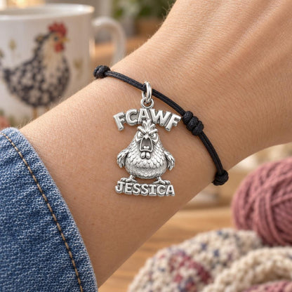 Sassy Screaming Hen Charm Bracelet – Personalized Mom Gift – worn on the wrist on a black cord bracelet