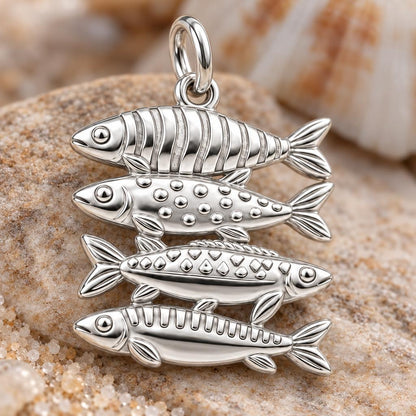 School of Four Fish Charm Bracelet – Personalized Mom Gift – macro detail of the charm