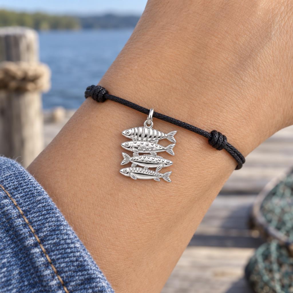 School of Four Fish Charm Bracelet – Personalized Mom Gift – worn on the wrist on a black cord bracelet