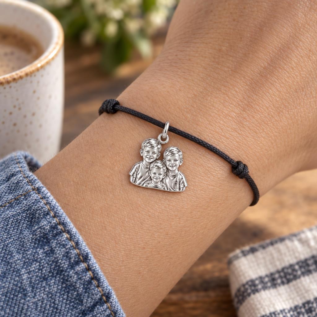 Sculpted Children Portrait Charm Bracelet – Personalized Mom Gift – worn on the wrist on a black cord bracelet
