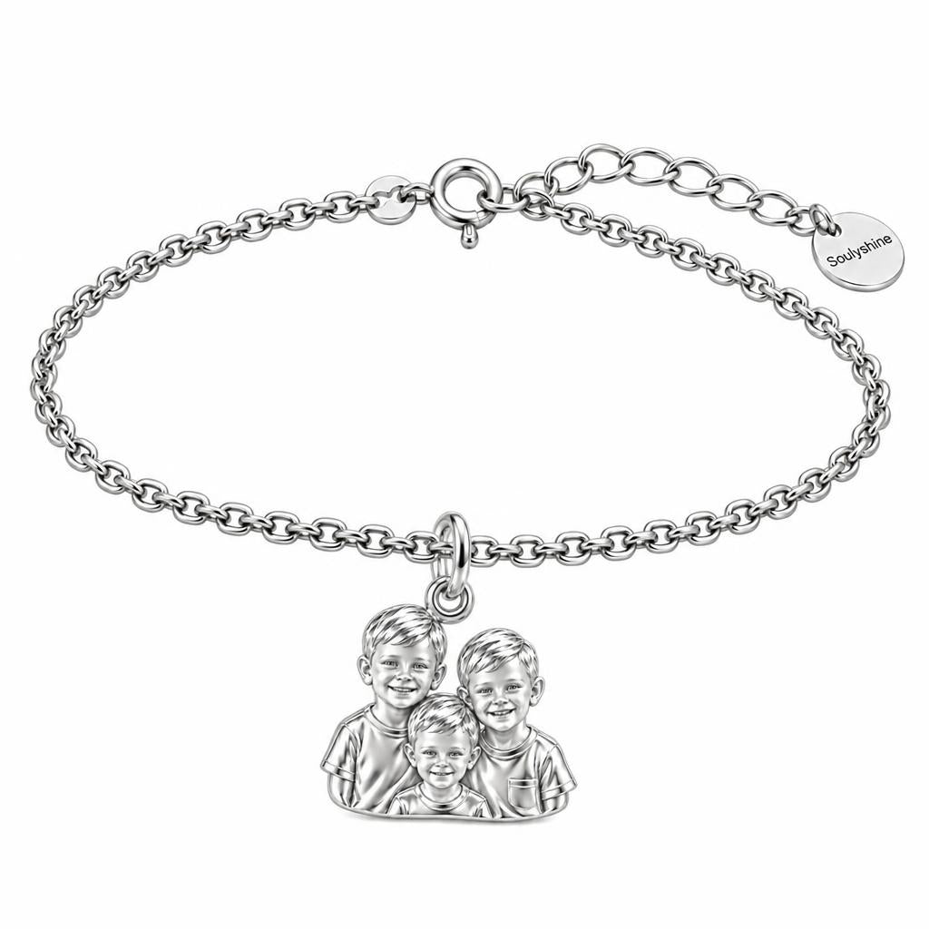 Sculpted Children Portrait Charm Bracelet Set – silver, front view