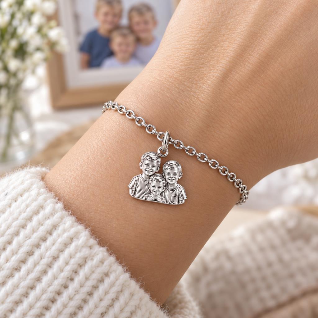 Sculpted Children Portrait Charm Bracelet Set – worn / in use