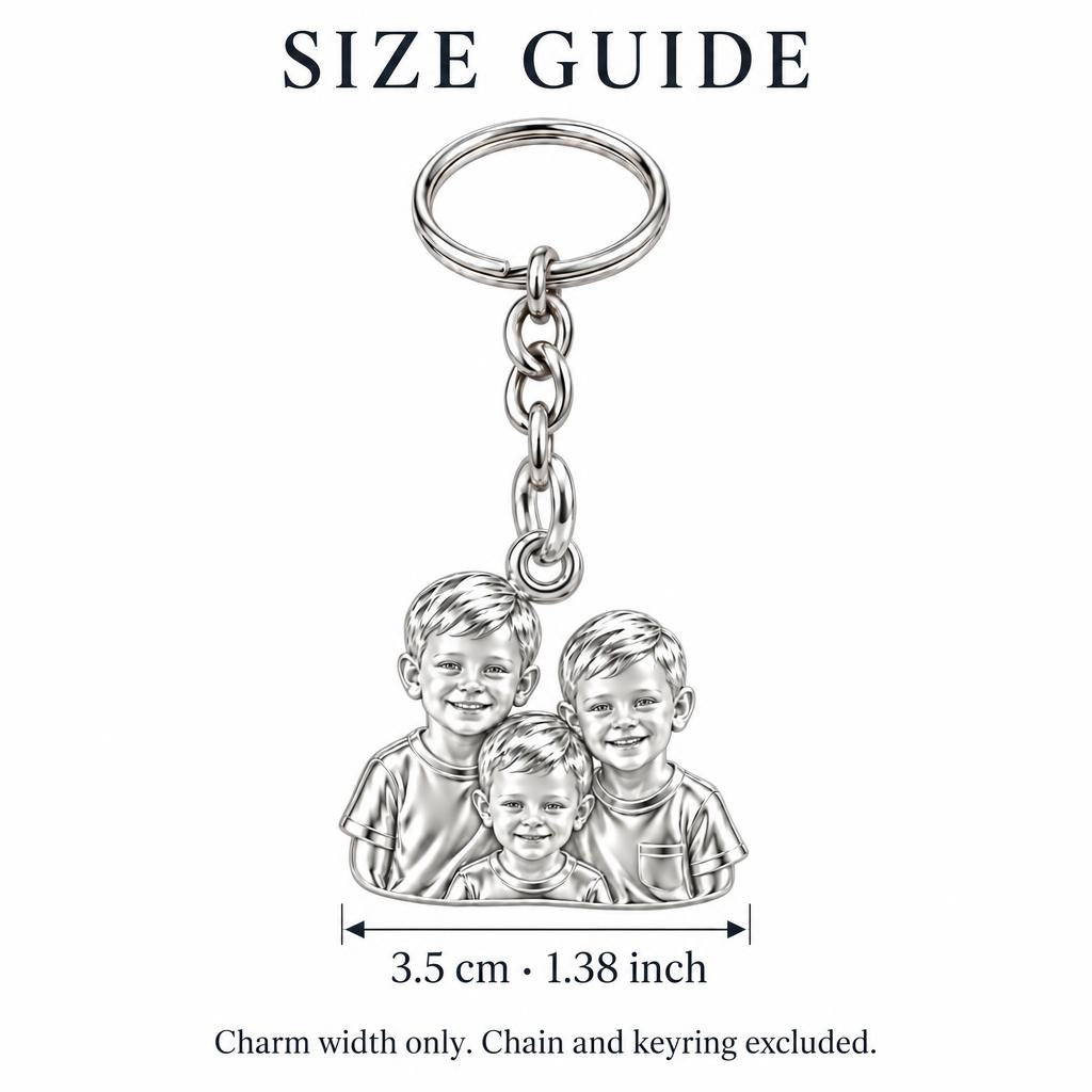 Sculpted Children Portrait Charm Keychain – size guide, 3.5 cm (1.38 in) charm, chain and keyring excluded