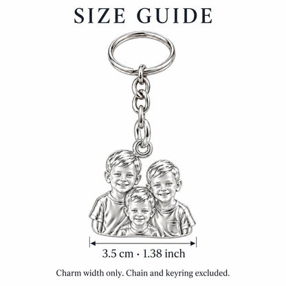Sculpted Children Portrait Charm Keychain – size guide, 3.5 cm (1.38 in) charm, chain and keyring excluded