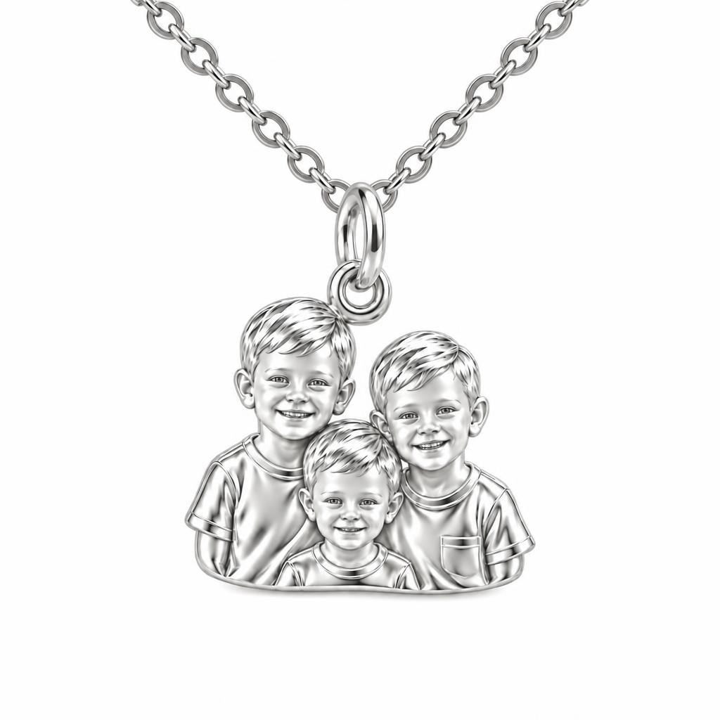 Sculpted Children Portrait Charm Necklace Set – silver, front view