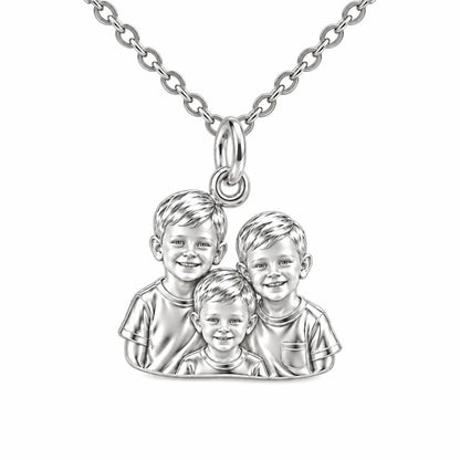 Sculpted Children Portrait Charm Necklace Set – silver, front view