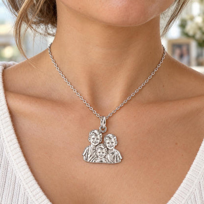 Sculpted Children Portrait Charm Necklace Set – worn / in use