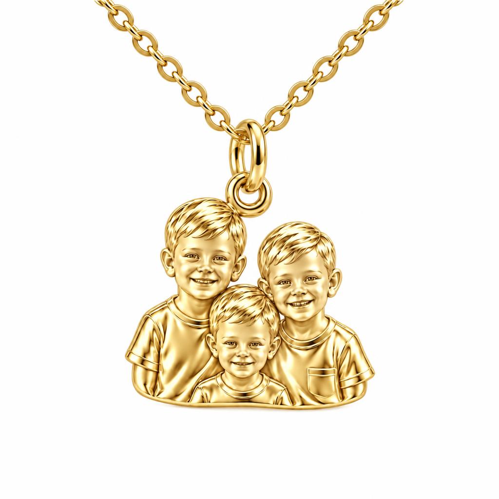 Sculpted Children Portrait Charm Necklace Set – 18K gold, front view