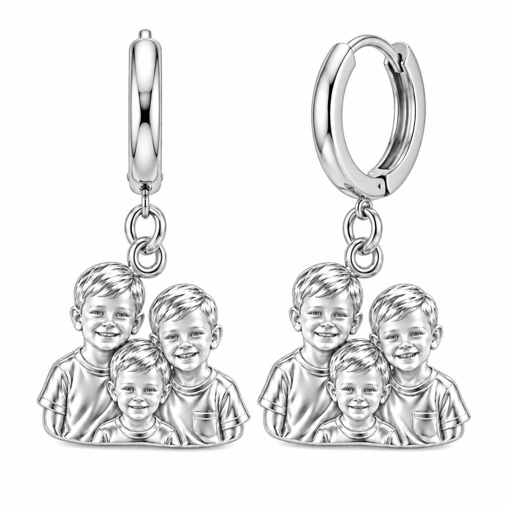 Sculpted Children Portrait Huggie Charm Earrings – silver, front view
