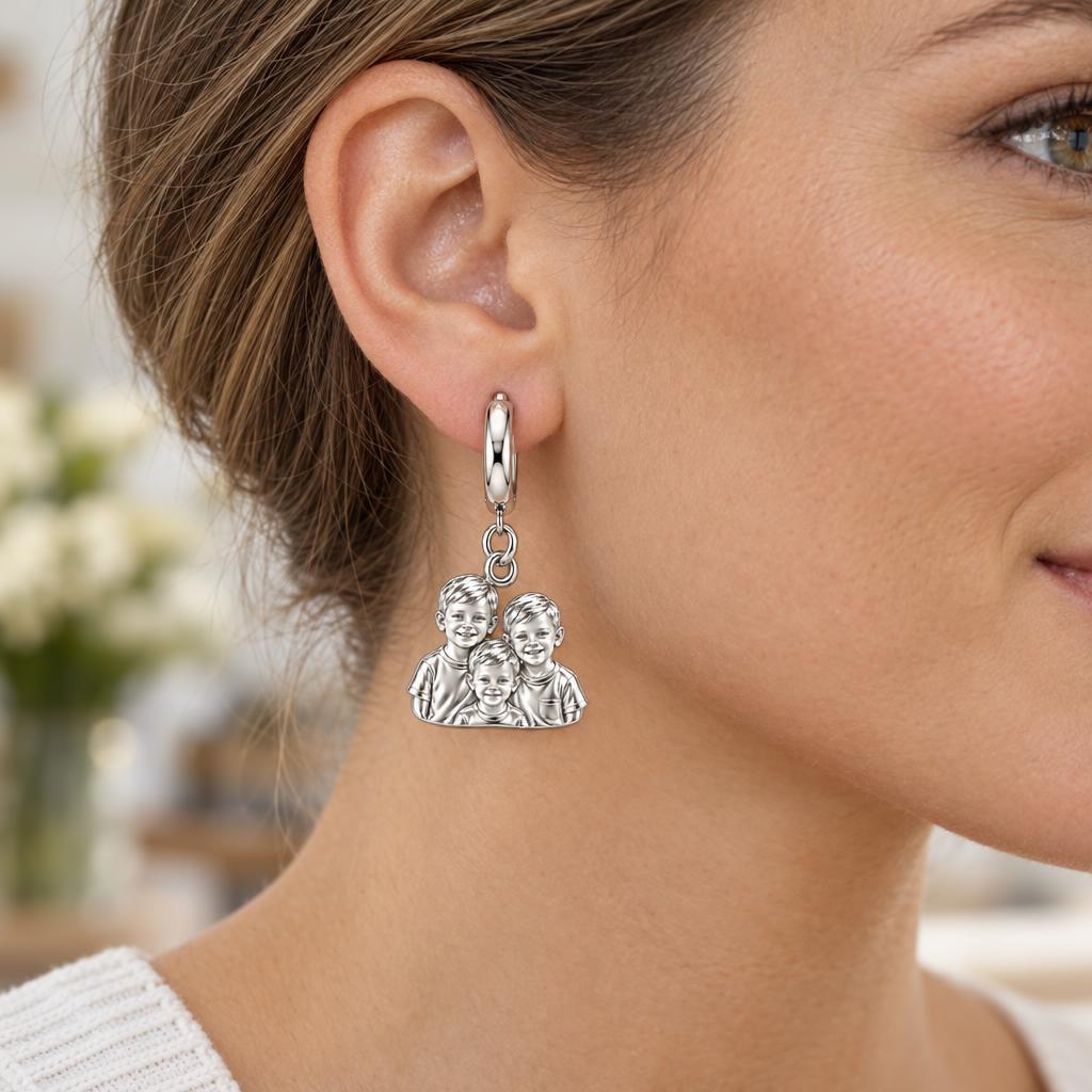 Sculpted Children Portrait Huggie Charm Earrings – worn / in use