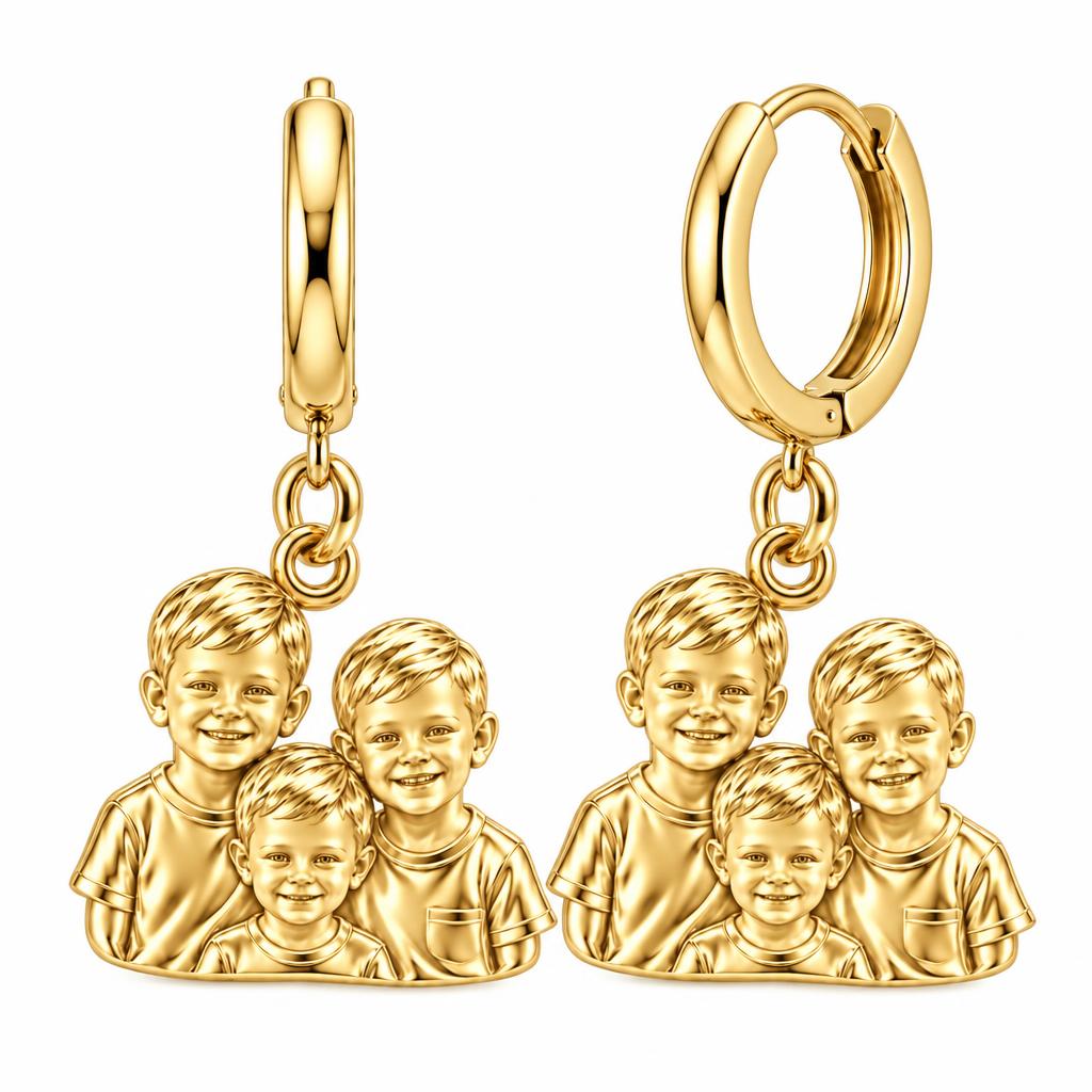 Sculpted Children Portrait Huggie Charm Earrings – 18K gold, front view