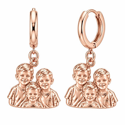 Sculpted Children Portrait Huggie Charm Earrings – rose gold, front view