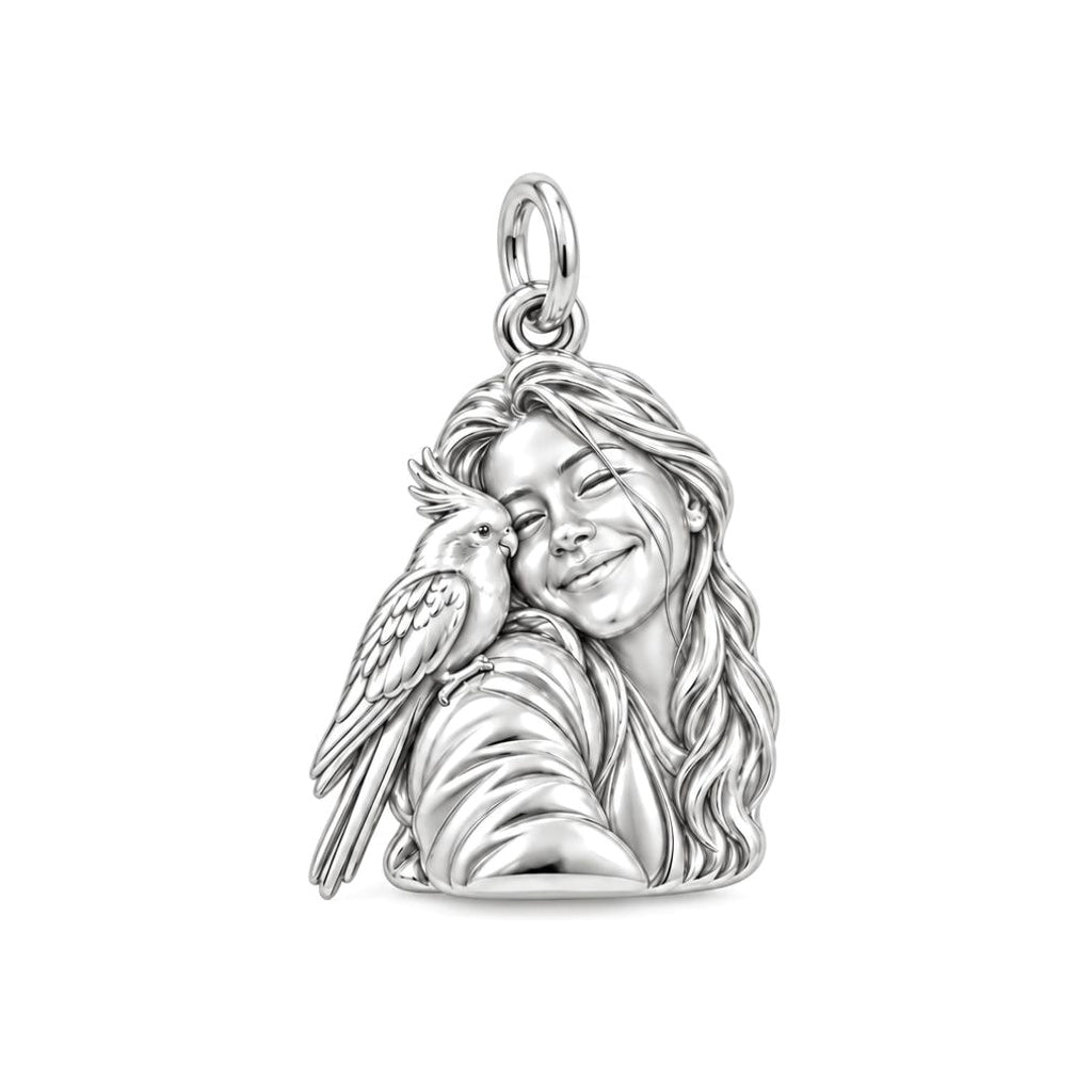 Sculpted Cockatiel Selfie Charm Bracelet – Personalized Bird Mom Gift – silver charm, front view