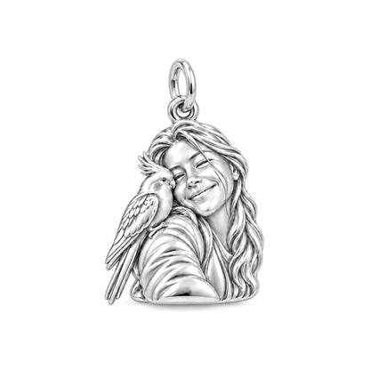 Sculpted Cockatiel Selfie Charm Bracelet – Personalized Bird Mom Gift – silver charm, front view