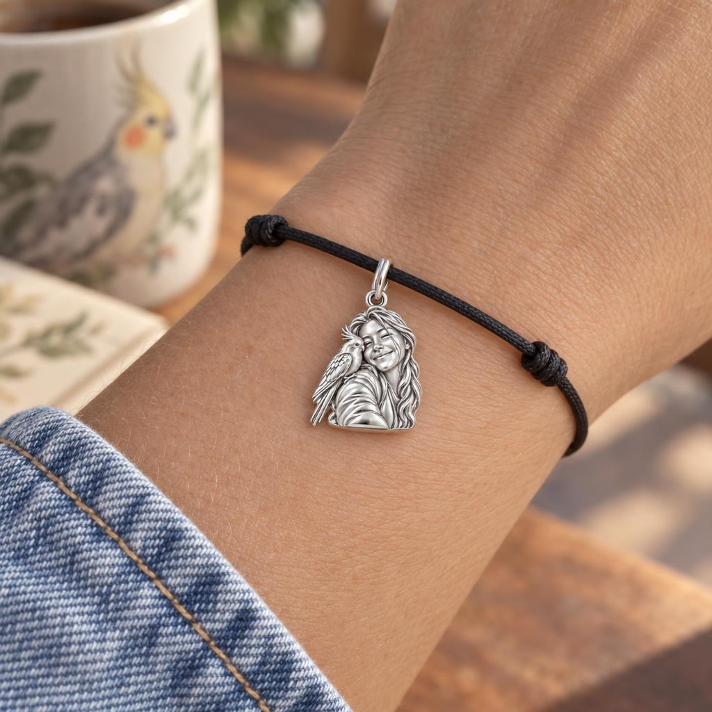 Sculpted Cockatiel Selfie Charm Bracelet – Personalized Bird Mom Gift – worn on the wrist on a black cord bracelet