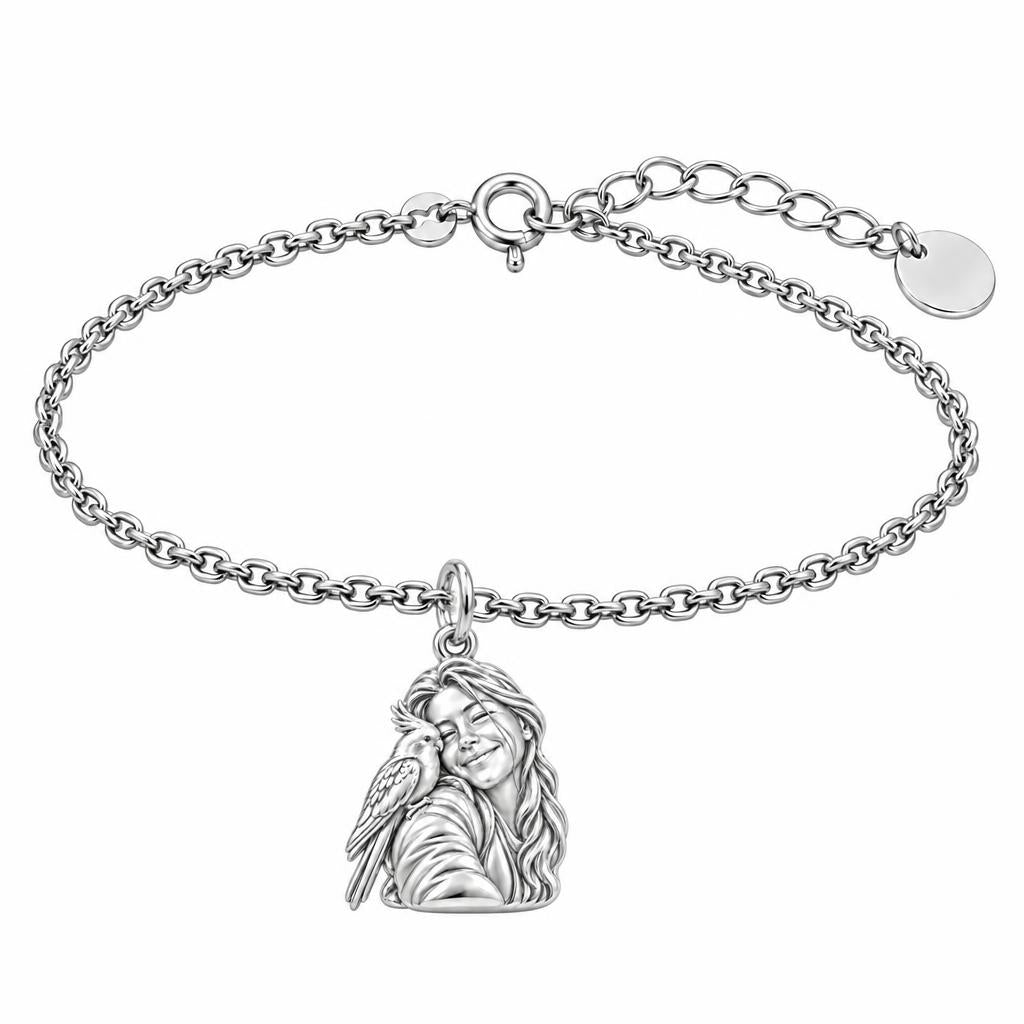 Sculpted Cockatiel Selfie Charm Bracelet Set – silver, front view