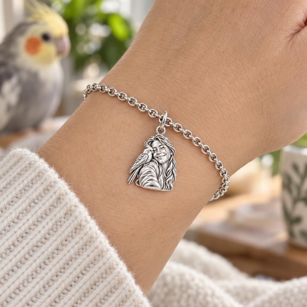 Sculpted Cockatiel Selfie Charm Bracelet Set – worn / in use