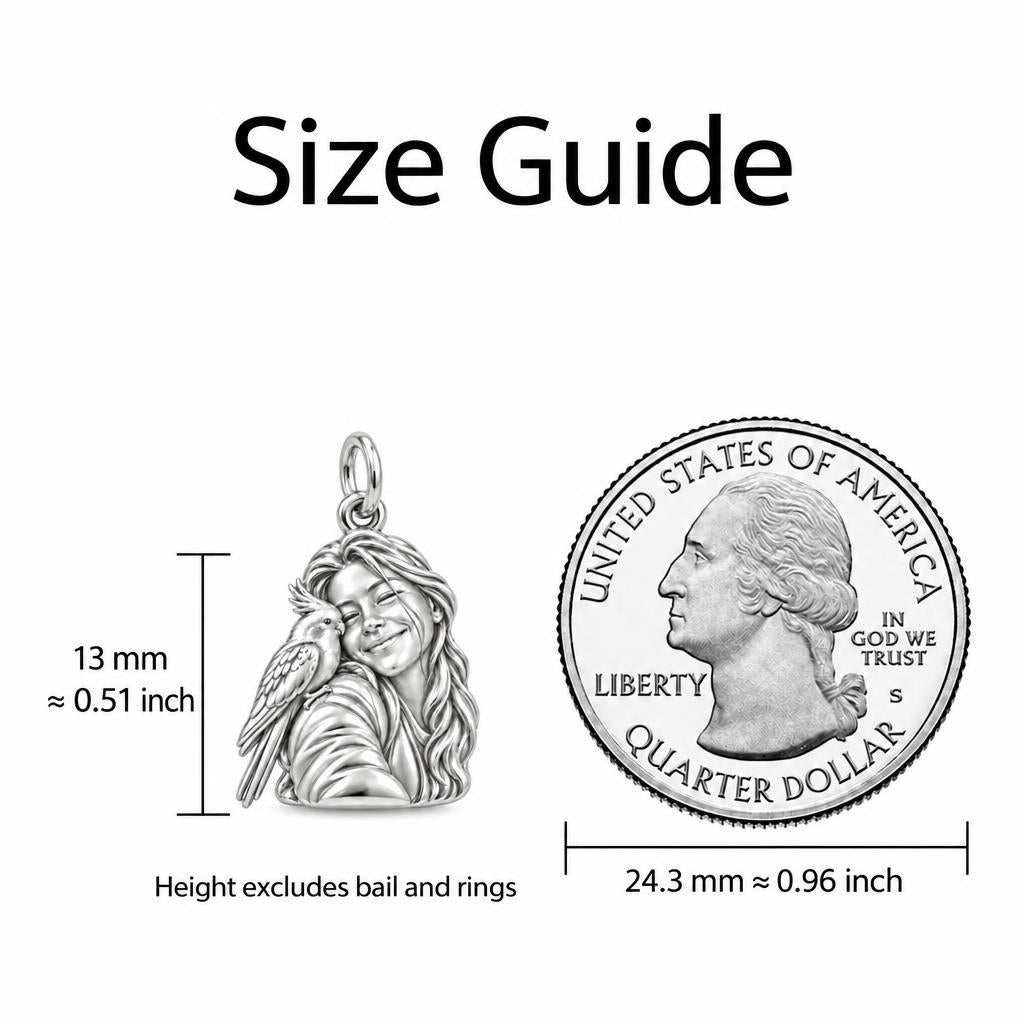 Sculpted Cockatiel Selfie Charm Bracelet Set – size guide, 13 mm charm next to a quarter