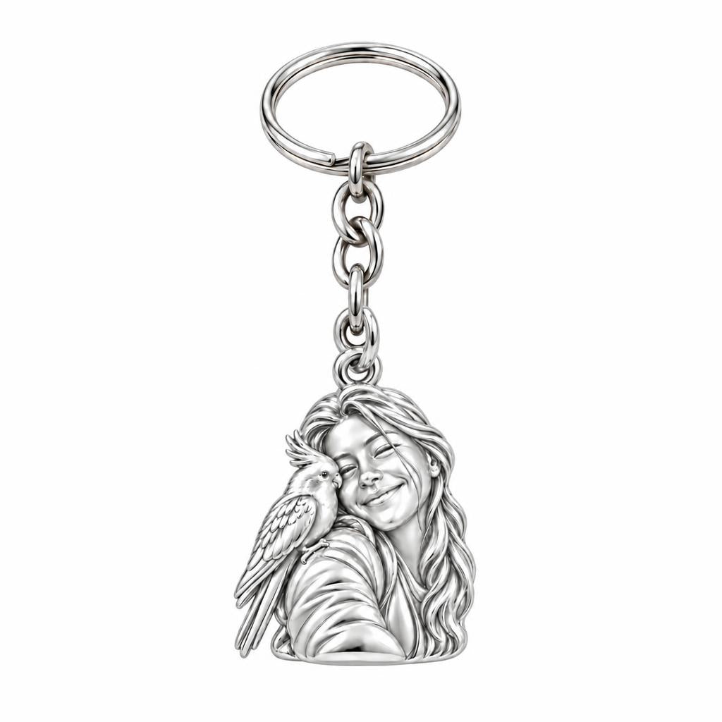 Sculpted Cockatiel Selfie Charm Keychain – silver, front view