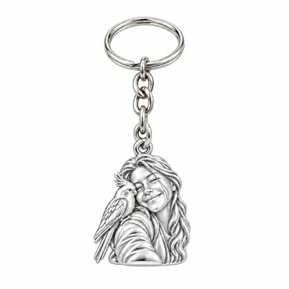 Sculpted Cockatiel Selfie Charm Keychain – silver, front view