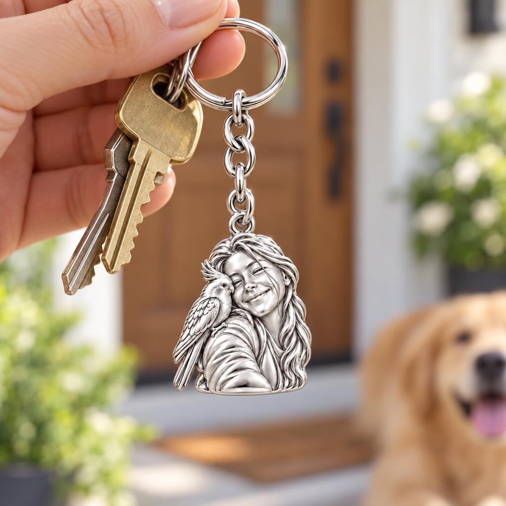 Sculpted Cockatiel Selfie Charm Keychain – worn / in use
