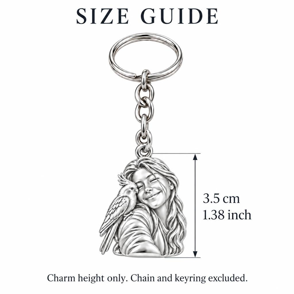 Sculpted Cockatiel Selfie Charm Keychain – size guide, 3.5 cm (1.38 in) charm, chain and keyring excluded