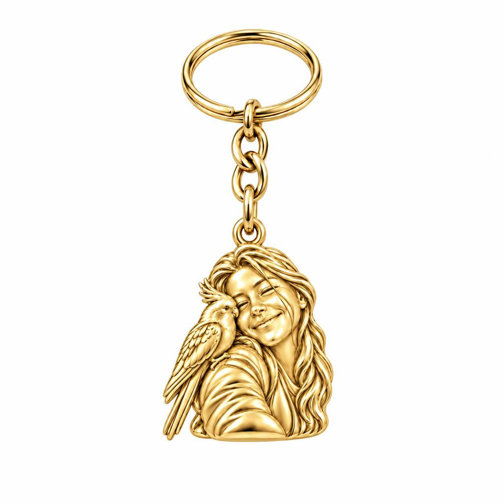 Sculpted Cockatiel Selfie Charm Keychain – 18K gold, front view